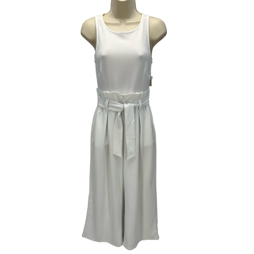 Bar III Sleeveless Crew Neck Tie-Waist Tank Jumpsuit - White - size Small